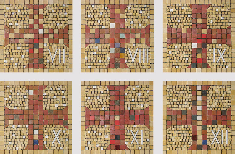 Projekt i realizacja - Mirosław Grzelak, Droga Krzyżowa, 2009, mozaiki, stacje VII - XII, 40 x 40 cm, kaplica braci dolorystów, Józefów k. Otwocka