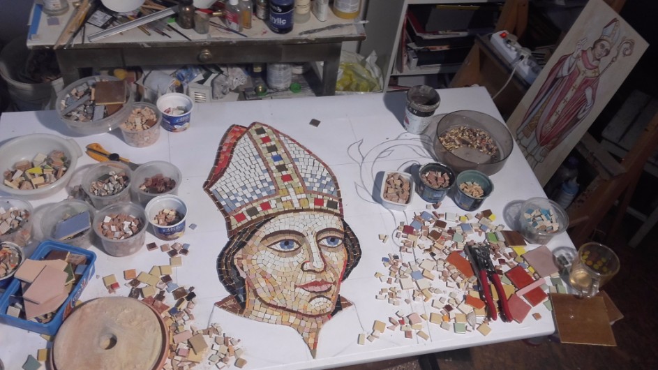 Mirosław Grzelak, Św.Stanisław, 2017, mozaika, fragment, pracownia